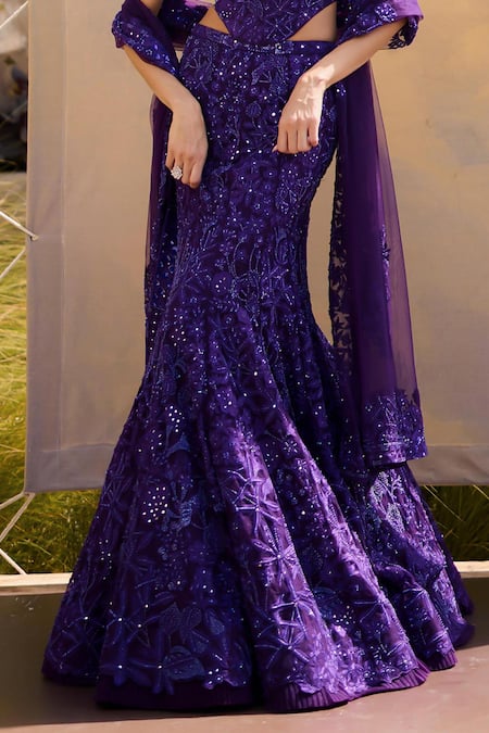 Mishru Purple Tulle Sequins, Beads, Embroidery Sweetheart Neck Fusion Lehenga Set at Aza Fashions Mishru_Purple Tulle Sequins, Beads, Embroidery Sweetheart Neck Fusion Lehenga Set _at_Aza_Fashions