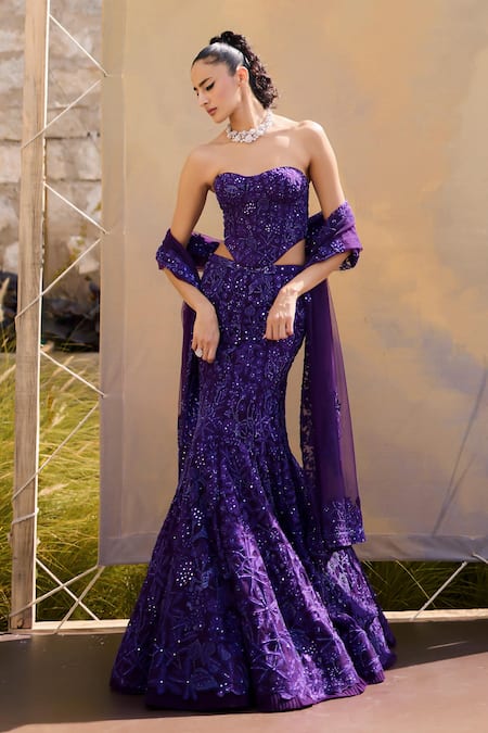 Mishru Purple Tulle Fusion Lehenga Set 