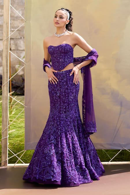 Shop Mishru Purple Tulle Sequins, Beads, Embroidery Sweetheart Neck Fusion Lehenga Set at Aza Fashions Shop_Mishru_Purple Tulle Sequins, Beads, Embroidery Sweetheart Neck Fusion Lehenga Set _at_Aza_Fashions