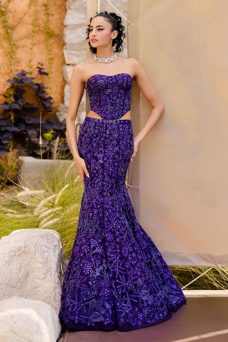 Shop Mishru Purple Tulle Sequins, Beads, Embroidery Sweetheart Neck Fusion Lehenga Set Shop_Mishru_Purple Tulle Sequins, Beads, Embroidery Sweetheart Neck Fusion Lehenga Set