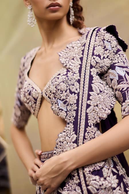 Buy_Mishru_Purple Organza Embroidery Plunge Neck Caradonna Designer Lehenga Set _Online_at_Aza_Fashions