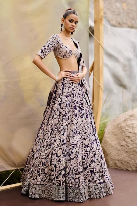 Mishru_Purple Organza Embroidery Plunge Neck Caradonna Designer Lehenga Set _at_Aza_Fashions