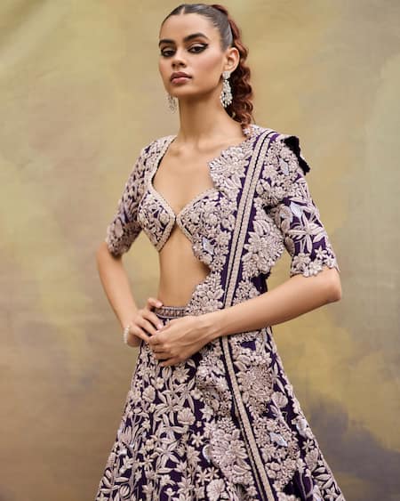 Buy_Mishru_Purple Organza Embroidery Plunge Neck Caradonna Designer Lehenga Set 