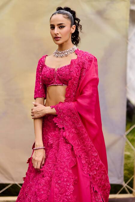 Mishru_Fuchsia Organza Sequins, Embroidery, Beads V-neck Novae Lehenga Set _Online_at_Aza_Fashions