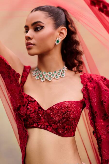 Buy_Mishru_Red Organza, Tulle Embroidery Scoop Neck Ellisiana Lehenga Set _Online_at_Aza_Fashions