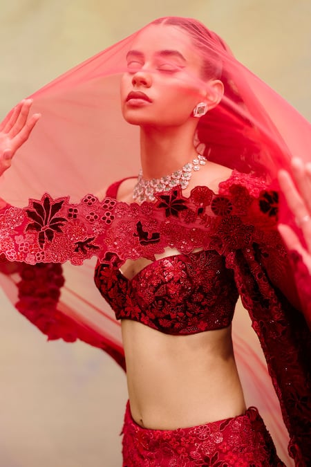 Mishru_Red Organza, Tulle Embroidery Scoop Neck Ellisiana Lehenga Set _at_Aza_Fashions