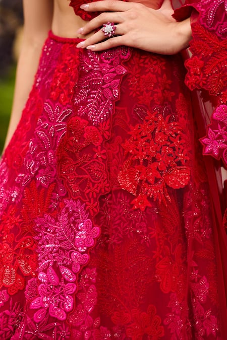 Mishru_Red Tulle, Organza Embroidery, Sequins Sweetheart Neck Adonis Lehenga Set _Online_at_Aza_Fashions