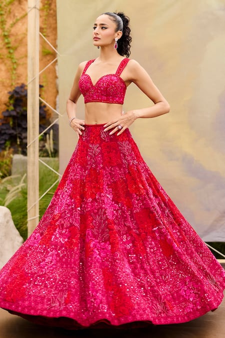 Shop_Mishru_Red Tulle, Organza Embroidery, Sequins Sweetheart Neck Adonis Lehenga Set _Online_at_Aza_Fashions