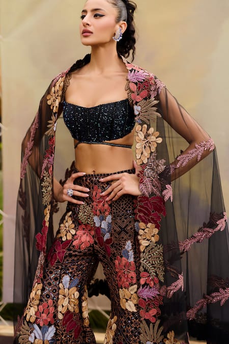 Buy_Mishru_Black Tulle Sequins, Embroidery Square Neck Floral Fusion Set _Online_at_Aza_Fashions
