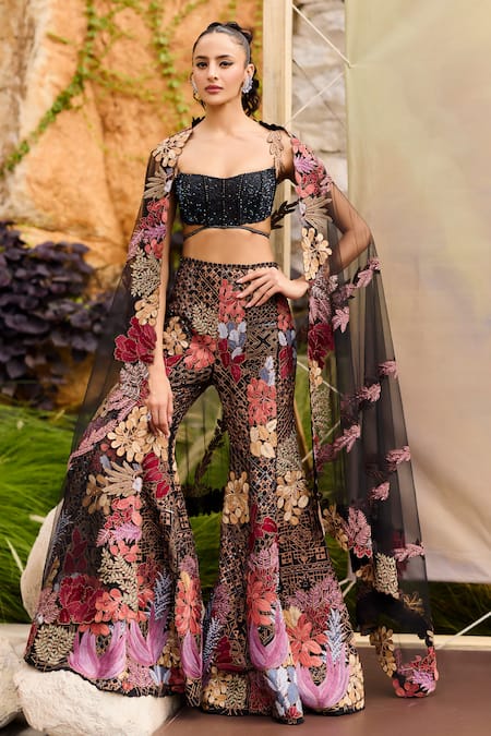 Mishru Black Floral Embroidered Fusion Set 