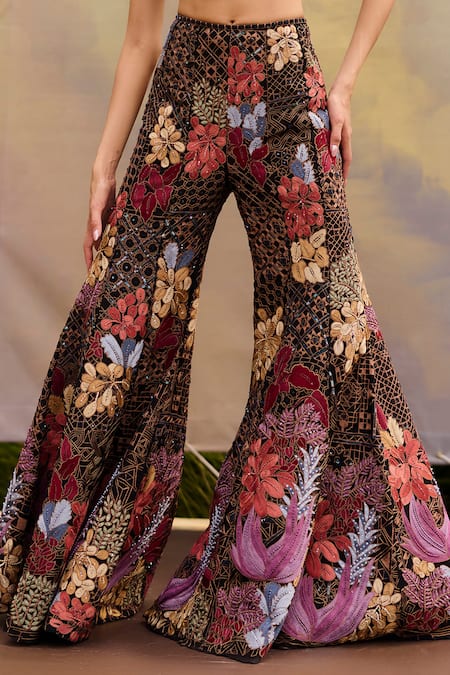 Mishru_Black Tulle Sequins, Embroidery Square Neck Floral Fusion Set _at_Aza_Fashions