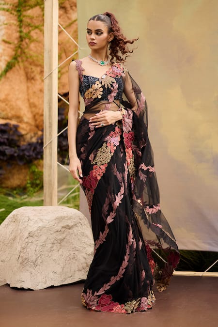 Mishru Floral Embroidered Black Saree Set 