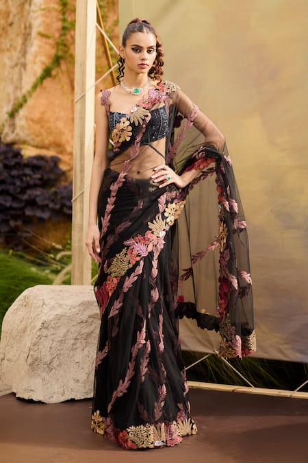 Mishru Floral Embroidered Black Saree Set 
