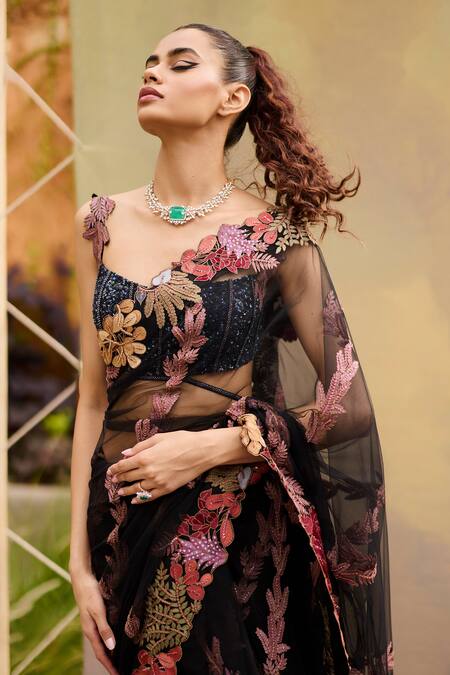 Buy_Mishru_Black Tulle Embroidery Round Neck Floral Saree Set _Online_at_Aza_Fashions