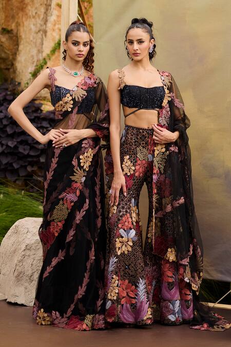 Shop_Mishru_Black Tulle Embroidery Round Neck Floral Saree Set _Online_at_Aza_Fashions
