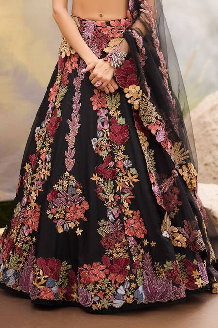 Mishru_Black Organza, Tulle Embroidery Scoop Neck Shiso Floral Lehenga Set _Online_at_Aza_Fashions