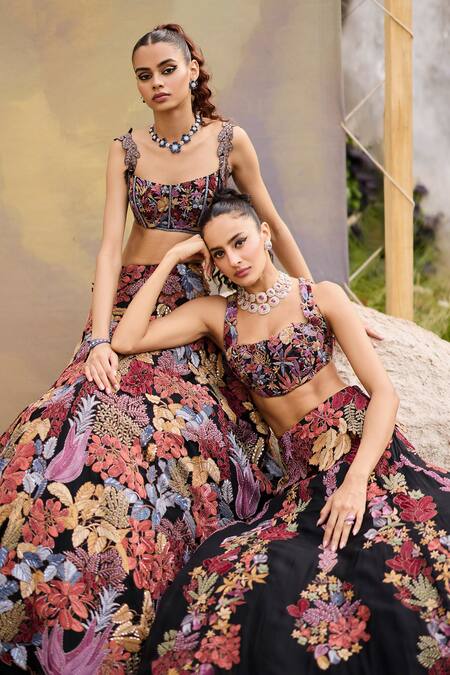 Shop_Mishru_Black Organza, Tulle Embroidery Scoop Neck Shiso Floral Lehenga Set _Online_at_Aza_Fashions
