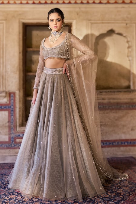Buy_Cedar & Pine_Taupe Organza, Tulle Sequins, Embroidery Round Brown Embellished Lehenga Set _Online_at_Aza_Fashions