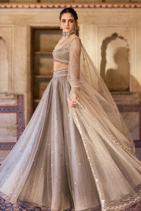 Shop_Cedar & Pine_Taupe Organza, Tulle Sequins, Embroidery Round Brown Embellished Lehenga Set _Online_at_Aza_Fashions
