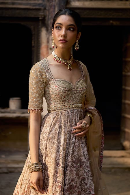 Buy Cedar & Pine Beige Organza, Tulle Embroidery, Sequins Sweetheart Neck Floral Anarkali Set Online at Aza Fashions Buy_Cedar & Pine_Beige Organza, Tulle Embroidery, Sequins Sweetheart Neck Floral Anarkali Set _Online_at_Aza_Fashions