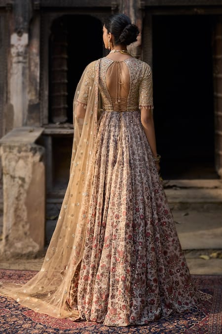 Cedar & Pine Beige Floral Anarkali Set