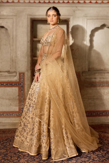 Shop_Cedar & Pine_Ivory Tulle Sequins, Zari, Embroidery Sweetheart Neck Classic Lehenga Set _Online_at_Aza_Fashions