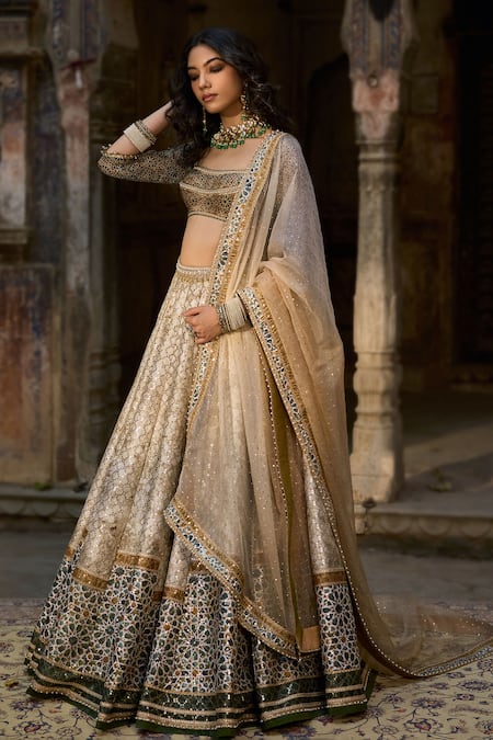 Cedar & Pine Beige Brocade, Georgette, Organza Embroidery, Sequins And Green Mehfil Lehenga Set Online at Aza Fashions Cedar & Pine_Beige Brocade, Georgette, Organza Embroidery, Sequins And Green Mehfil Lehenga Set_Online_at_Aza_Fashions