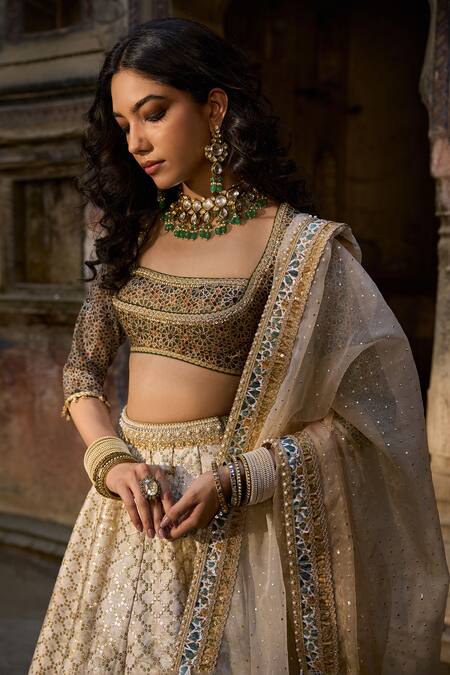 Buy Cedar & Pine Beige Brocade, Georgette, Organza Embroidery, Sequins And Green Mehfil Lehenga Set Online at Aza Fashions Buy_Cedar & Pine_Beige Brocade, Georgette, Organza Embroidery, Sequins And Green Mehfil Lehenga Set_Online_at_Aza_Fashions