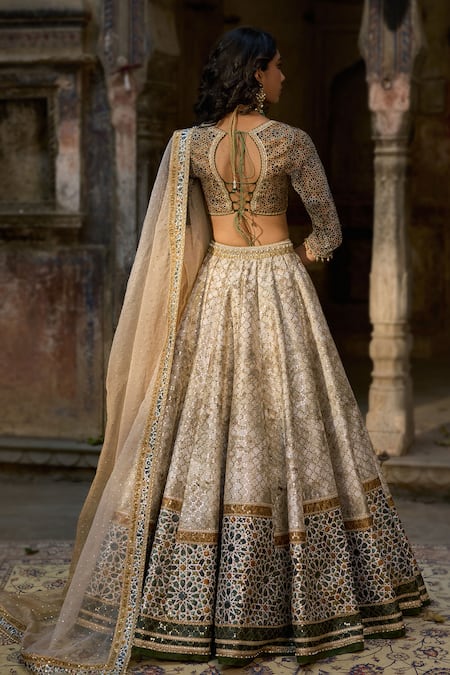 Shop Cedar & Pine Beige Brocade, Georgette, Organza Embroidery, Sequins And Green Mehfil Lehenga Set at Aza Fashions Shop_Cedar & Pine_Beige Brocade, Georgette, Organza Embroidery, Sequins And Green Mehfil Lehenga Set_at_Aza_Fashions