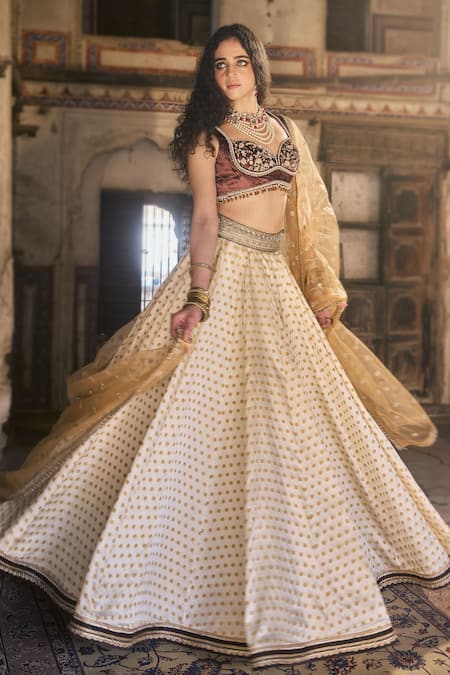 Cedar & Pine_Ivory Brocade, Velvet, Tulle Sequins, Embroidery Sweetheart Classic Lehenga Set _Online_at_Aza_Fashions