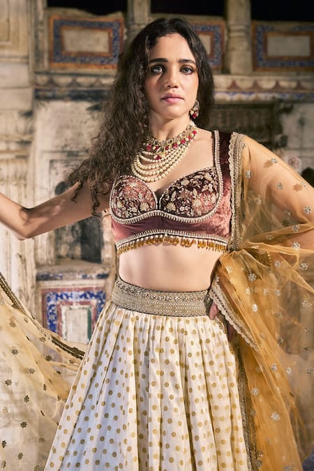 Shop_Cedar & Pine_Ivory Brocade, Velvet, Tulle Sequins, Embroidery Sweetheart Classic Lehenga Set _Online_at_Aza_Fashions