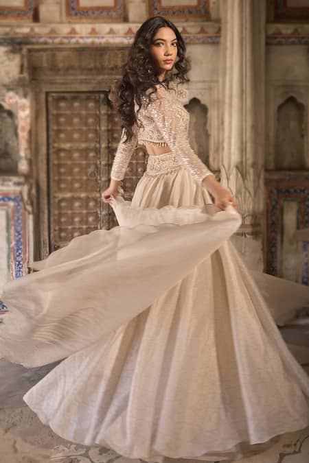 Cedar & Pine_Ivory Organza, Tulle Sequins, Beads, Embroidery Round Neck Fusion Lehenga Set _Online_at_Aza_Fashions