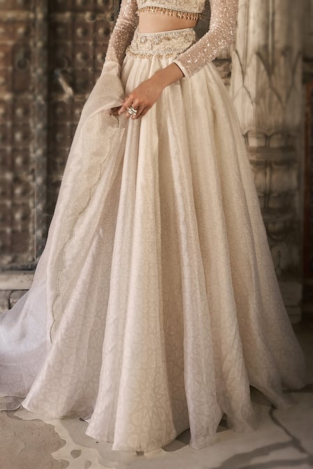 Buy_Cedar & Pine_Ivory Organza, Tulle Sequins, Beads, Embroidery Round Neck Fusion Lehenga Set _Online_at_Aza_Fashions