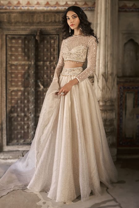 Cedar & Pine Ivory Embroidered Fusion Lehenga Set 