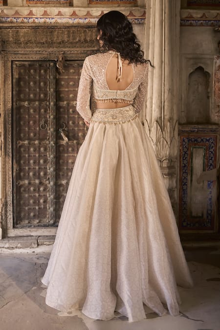 Cedar & Pine Ivory Embroidered Fusion Lehenga Set 