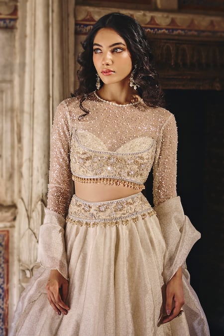 Shop_Cedar & Pine_Ivory Organza, Tulle Sequins, Beads, Embroidery Round Neck Fusion Lehenga Set _Online_at_Aza_Fashions