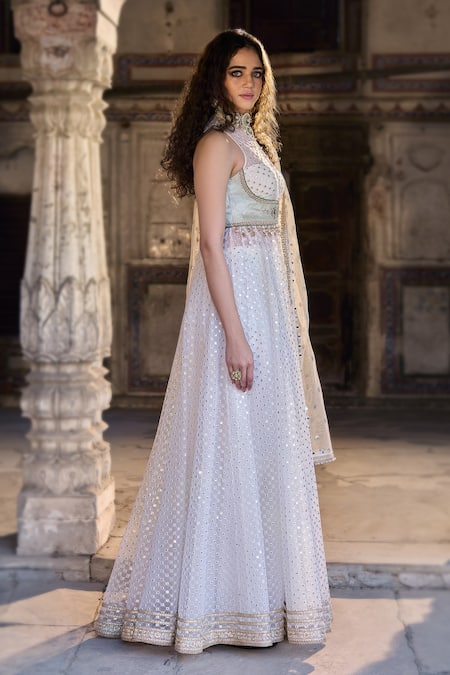 Cedar & Pine White Organza, Tulle Sequins, Embroidery Halter Neck Designer Anarkali Set Online at Aza Fashions Cedar & Pine_White Organza, Tulle Sequins, Embroidery Halter Neck Designer Anarkali Set _Online_at_Aza_Fashions