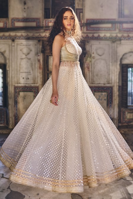 Shop Cedar & Pine White Organza, Tulle Sequins, Embroidery Halter Neck Designer Anarkali Set Online at Aza Fashions Shop_Cedar & Pine_White Organza, Tulle Sequins, Embroidery Halter Neck Designer Anarkali Set _Online_at_Aza_Fashions