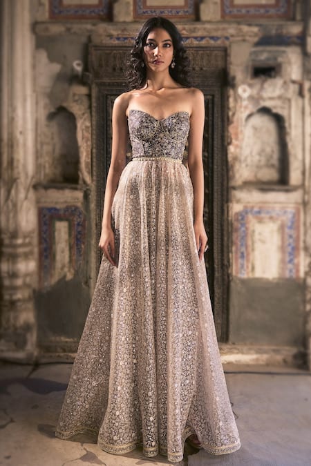 Cedar & Pine_Taupe Organza Embroidery Sweetheart Neck Brown Anarkali Set _Online_at_Aza_Fashions