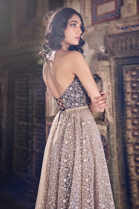 Shop_Cedar & Pine_Taupe Organza Embroidery Sweetheart Neck Brown Anarkali Set _Online_at_Aza_Fashions