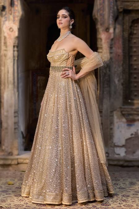 Cedar & Pine Cream Organza, Tulle Sequins Designer Anarkali Set Online at Aza Fashions Cedar & Pine_Cream Organza, Tulle Sequins Designer Anarkali Set _Online_at_Aza_Fashions