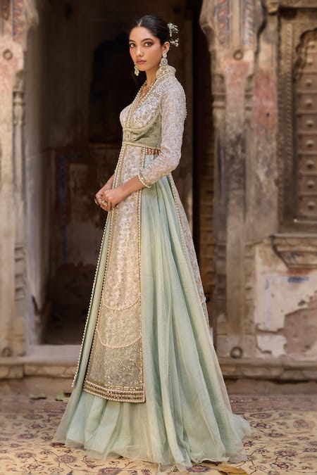 Cedar & Pine_Green Organza, Tulle Sequins, Embroidery V-neck And Fusion Lehenga Set _Online_at_Aza_Fashions