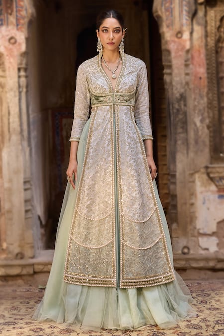 Cedar & Pine Green Organza & Tulle Fusion Lehenga Set 