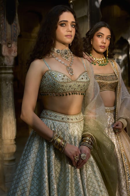 Cedar & Pine_Green Organza, Silk Sequins, Beads Sweetheart Neck Nizam Classic Lehenga Set _Online_at_Aza_Fashions
