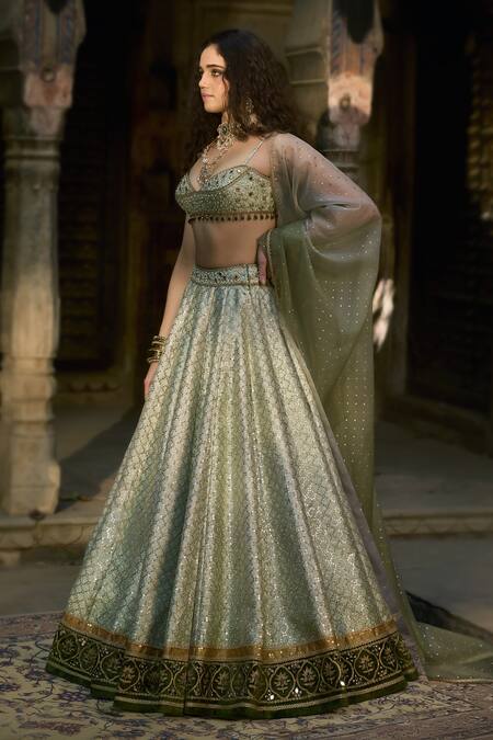 Buy_Cedar & Pine_Green Organza, Silk Sequins, Beads Sweetheart Neck Nizam Classic Lehenga Set _Online_at_Aza_Fashions