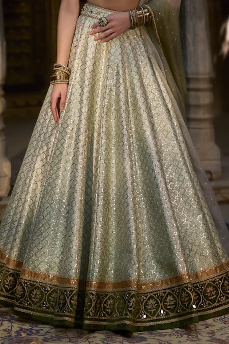 Shop_Cedar & Pine_Green Organza, Silk Sequins, Beads Sweetheart Neck Nizam Classic Lehenga Set _Online_at_Aza_Fashions