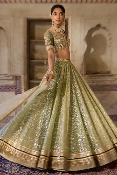 Cedar & Pine_Green Tulle, Organza, Silk Sequins, Embroidery V-neck Henna Lehenga Set _Online_at_Aza_Fashions