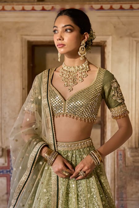 Shop_Cedar & Pine_Green Tulle, Organza, Silk Sequins, Embroidery V-neck Henna Lehenga Set _Online_at_Aza_Fashions