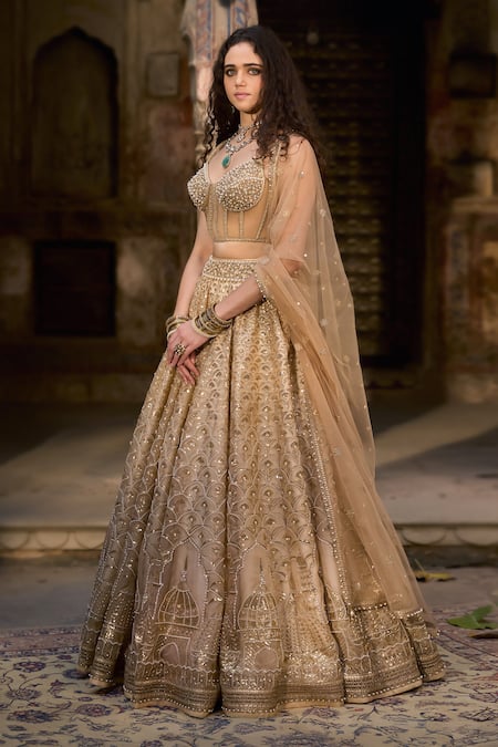 Cedar & Pine_Ivory Organza, Tulle Sequins, Embroidery, Beads And Gold Embellished Lehenga Set _Online_at_Aza_Fashions