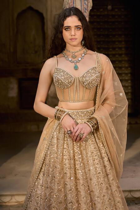 Buy_Cedar & Pine_Ivory Organza, Tulle Sequins, Embroidery, Beads And Gold Embellished Lehenga Set _Online_at_Aza_Fashions